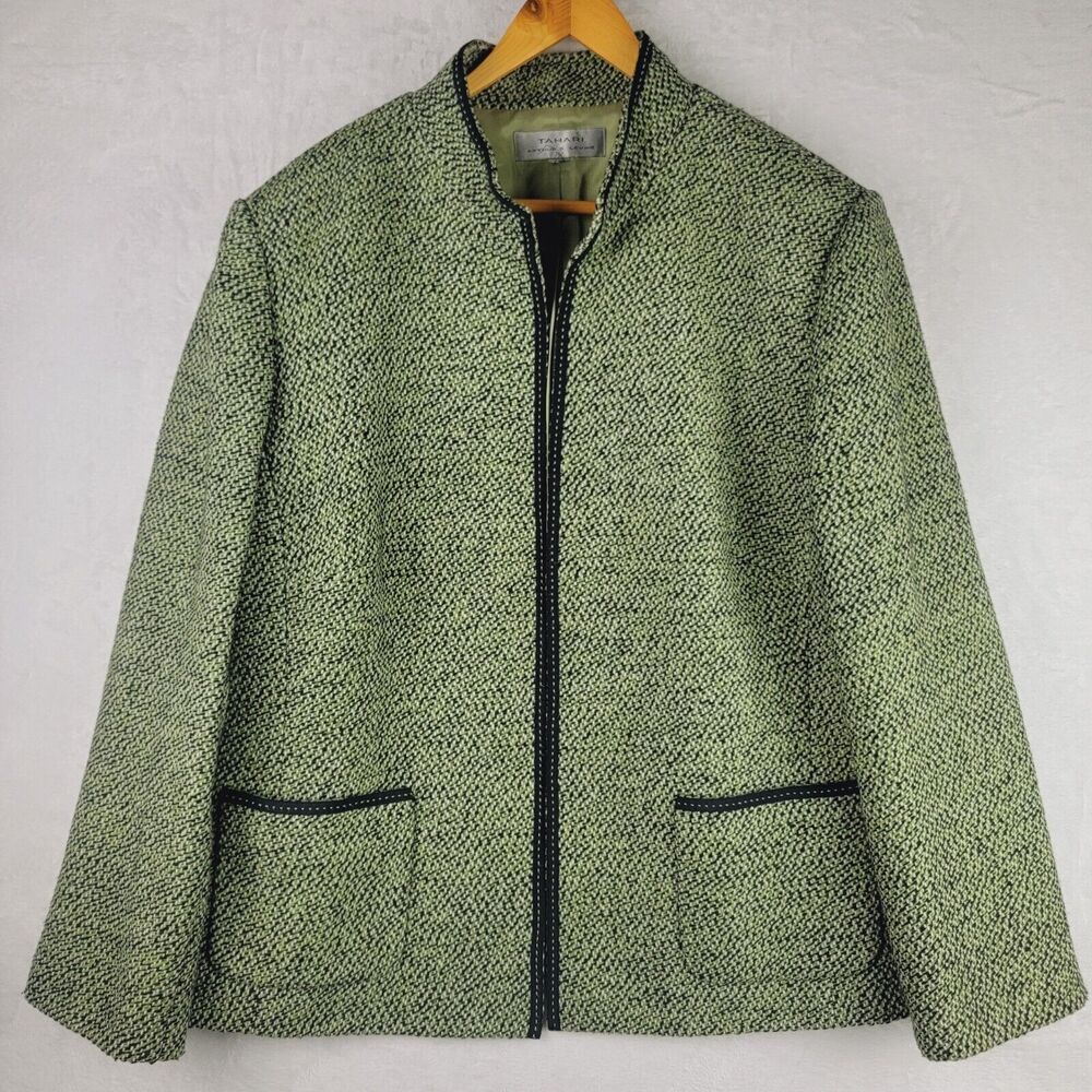 Tahari Blazer Jacket Women Size 22 Coat Black Green Tweed